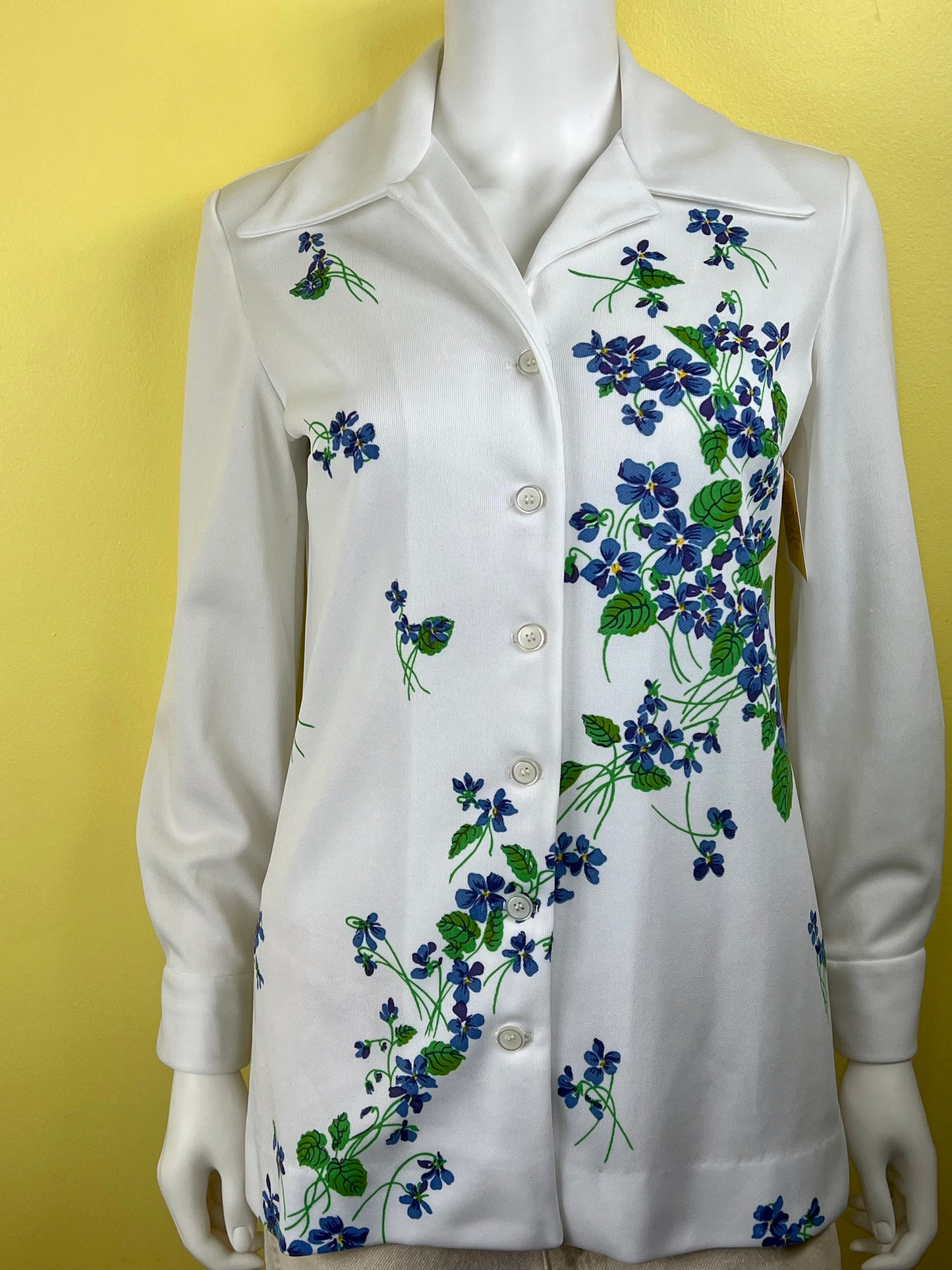 1970s White Button Up with Blue & Green Floral Print