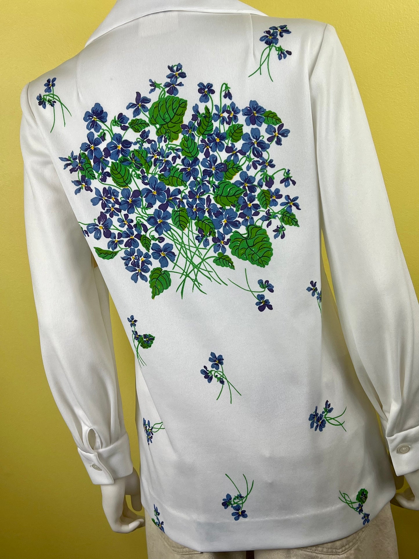 1970s White Button Up with Blue & Green Floral Print