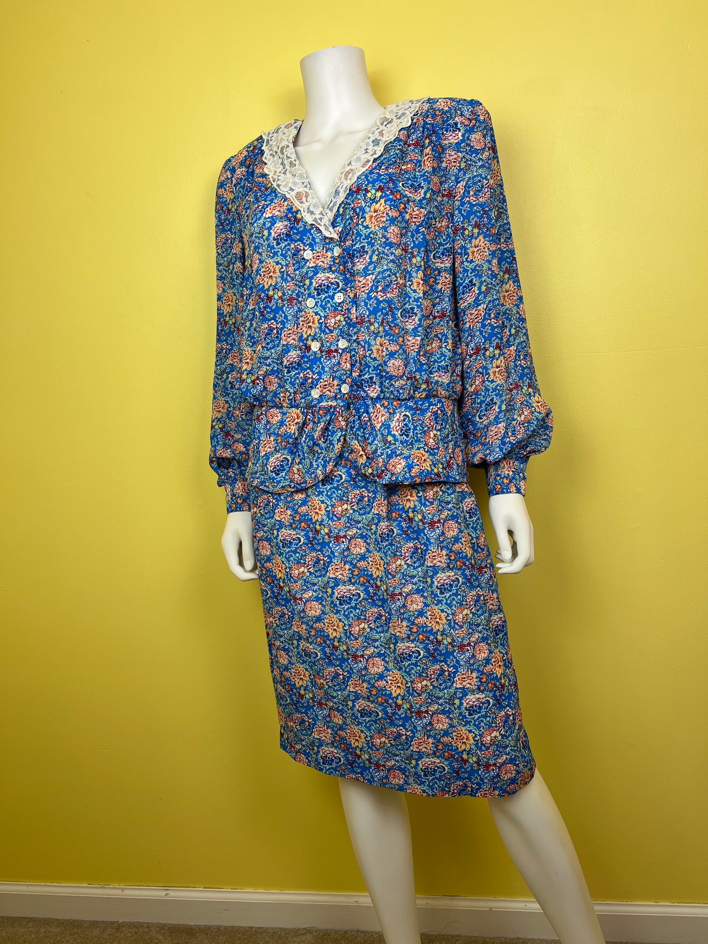 1990s Blue Floral and Lace Blouse & Skirt Set