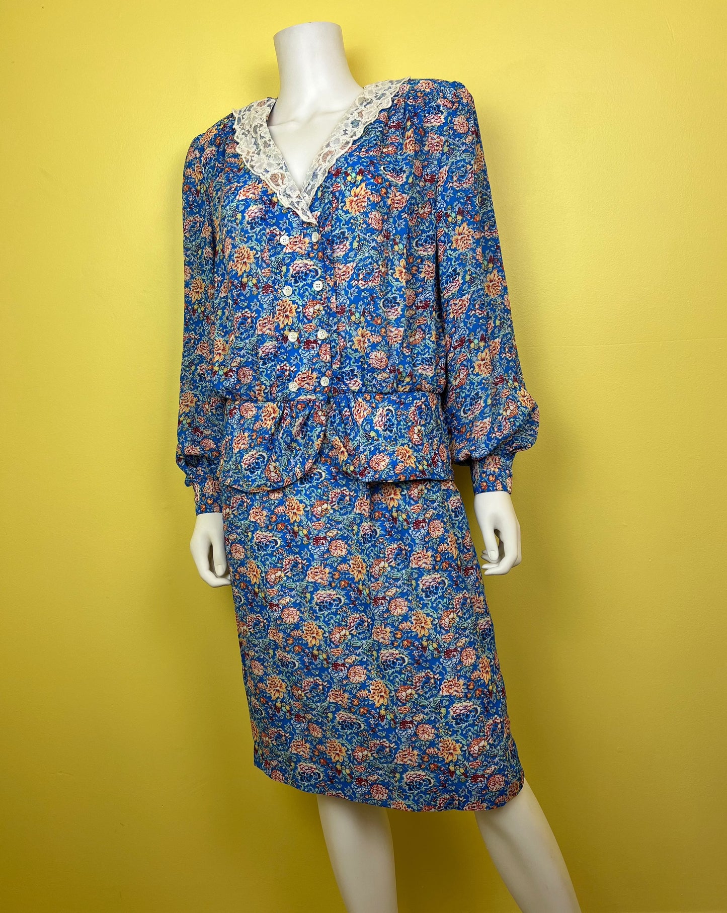 1990s Blue Floral and Lace Blouse & Skirt Set