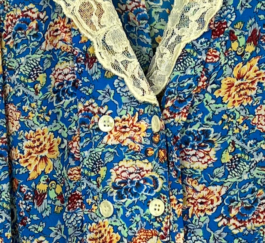 1990s Blue Floral and Lace Blouse & Skirt Set