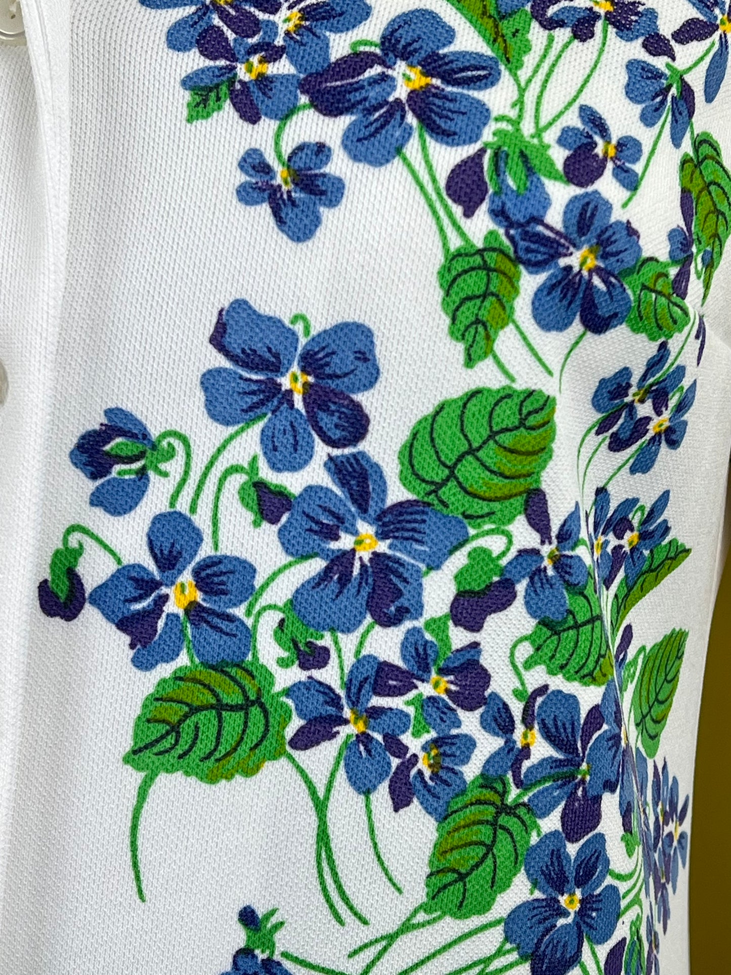 1970s White Button Up with Blue & Green Floral Print