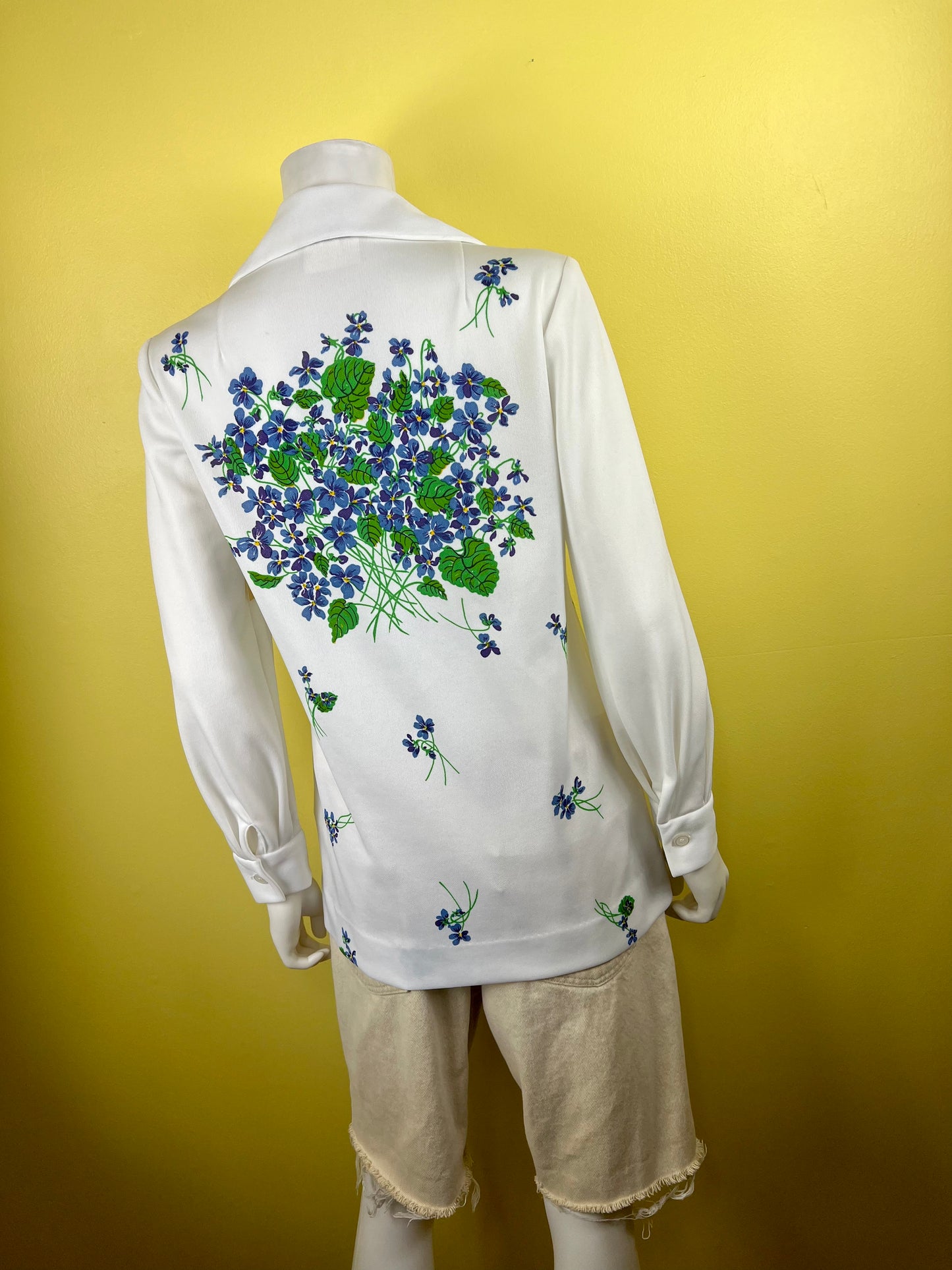 1970s White Button Up with Blue & Green Floral Print