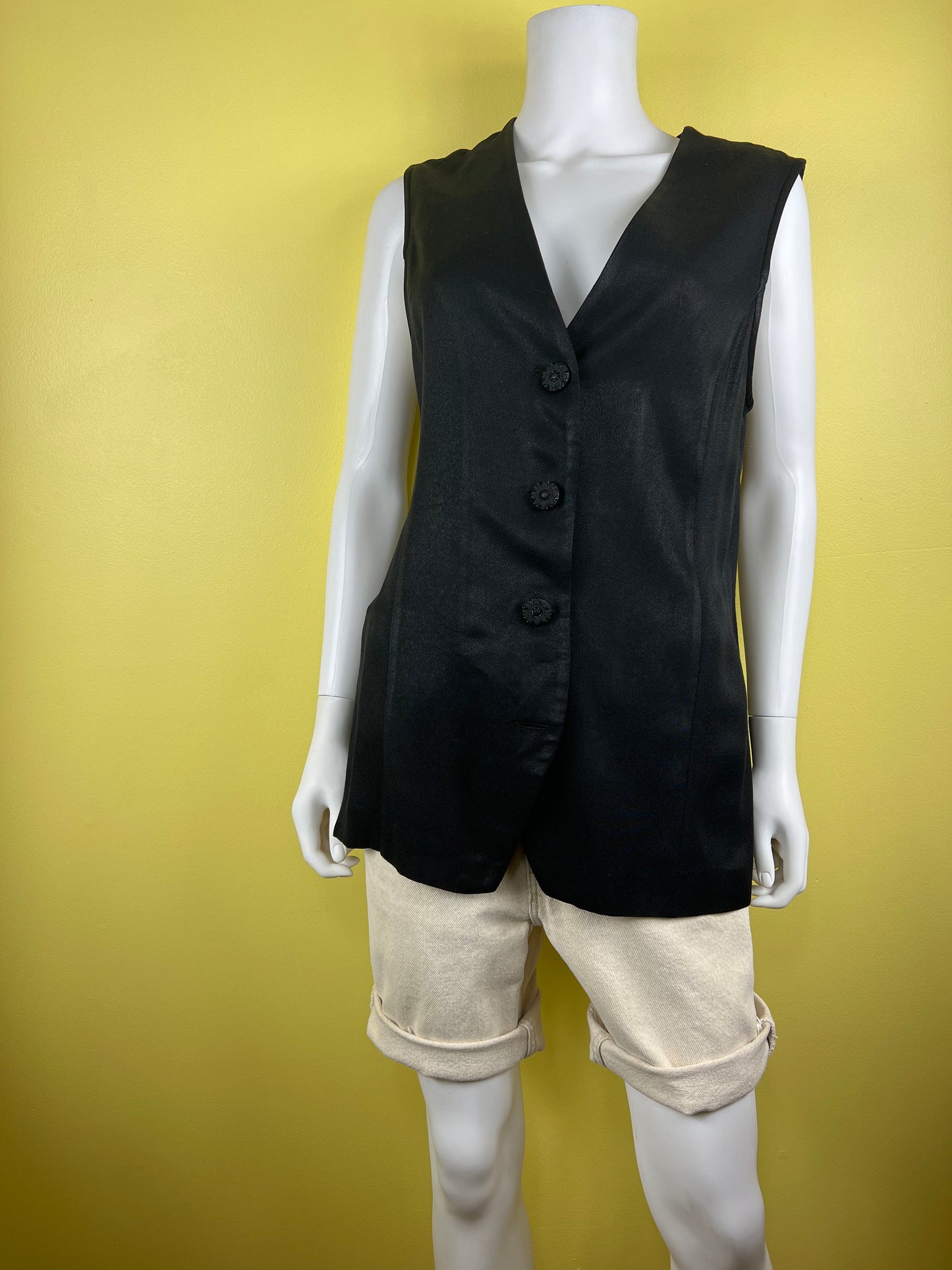 90s Black Vest with Flower Buttons