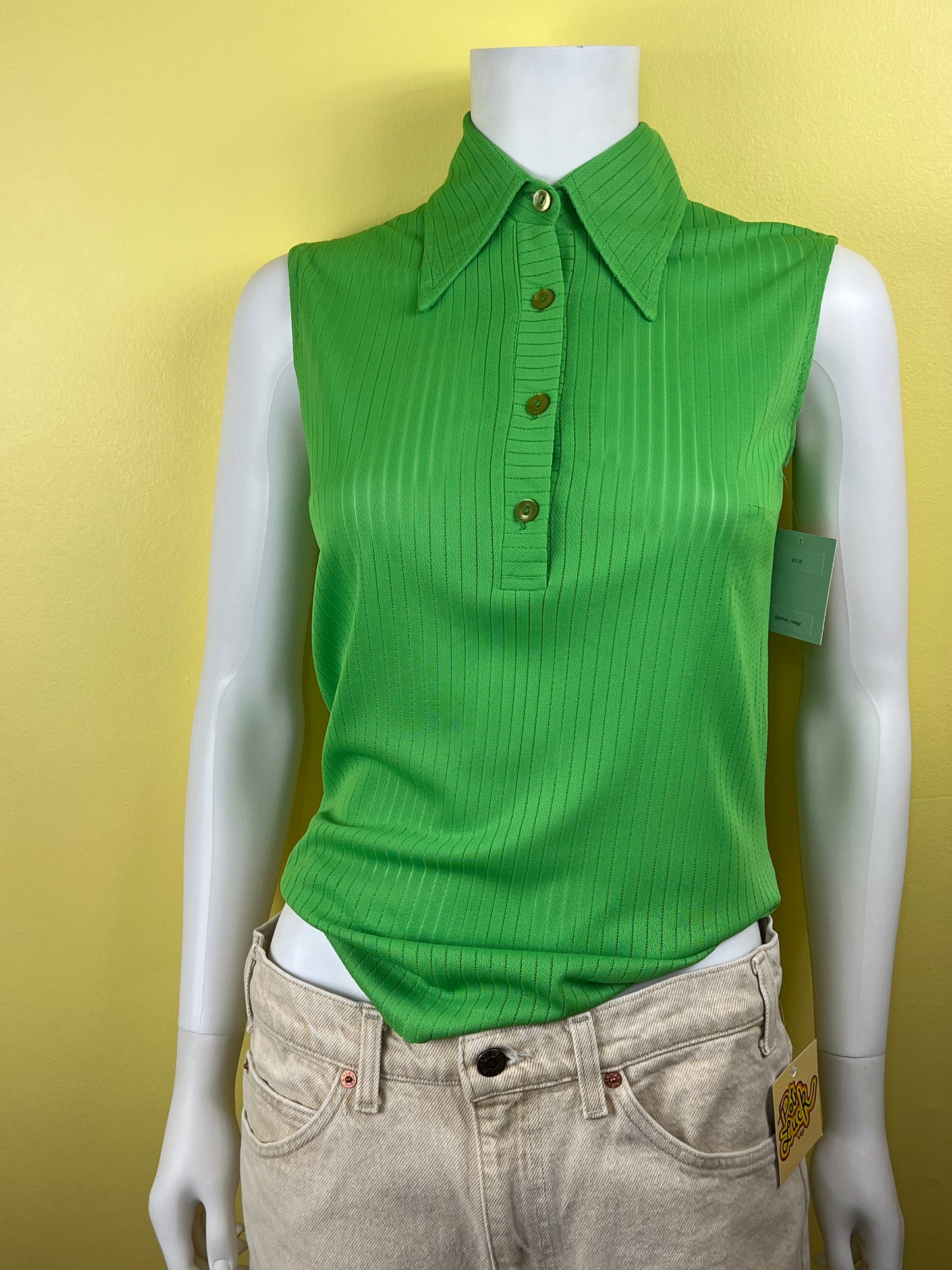 1970s Lime Green 60s Dagger Collar Sleeveless Shirt