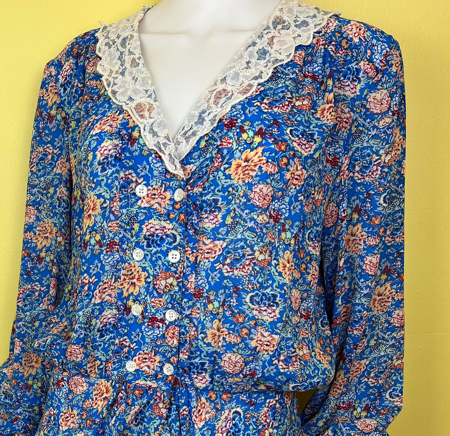 1990s Blue Floral and Lace Blouse & Skirt Set