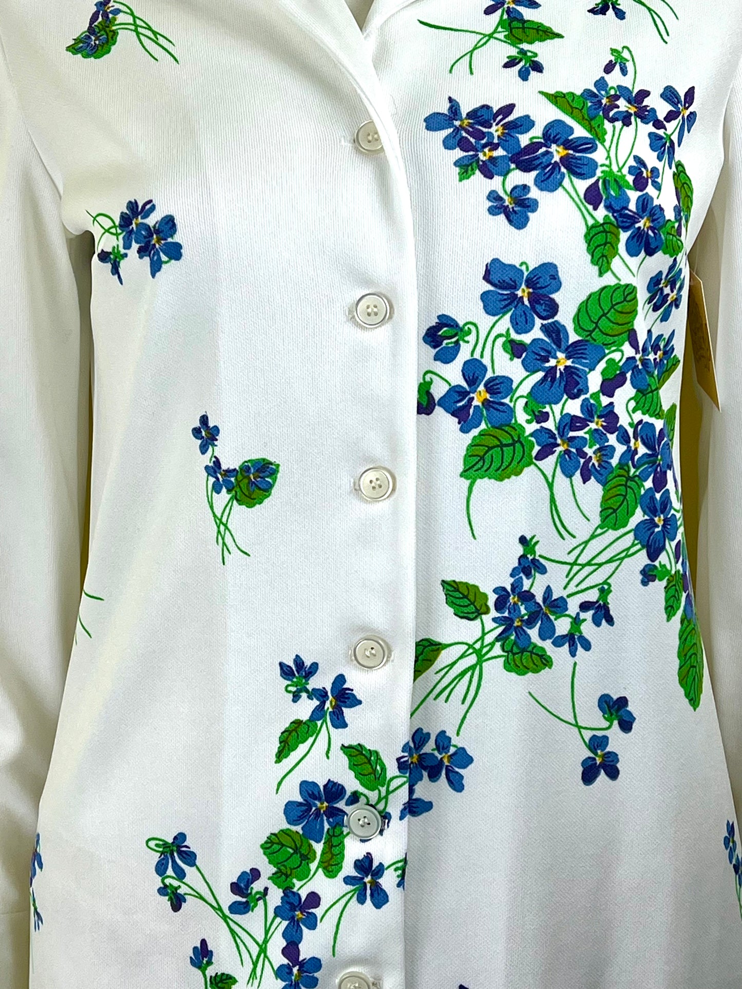 1970s White Button Up with Blue & Green Floral Print