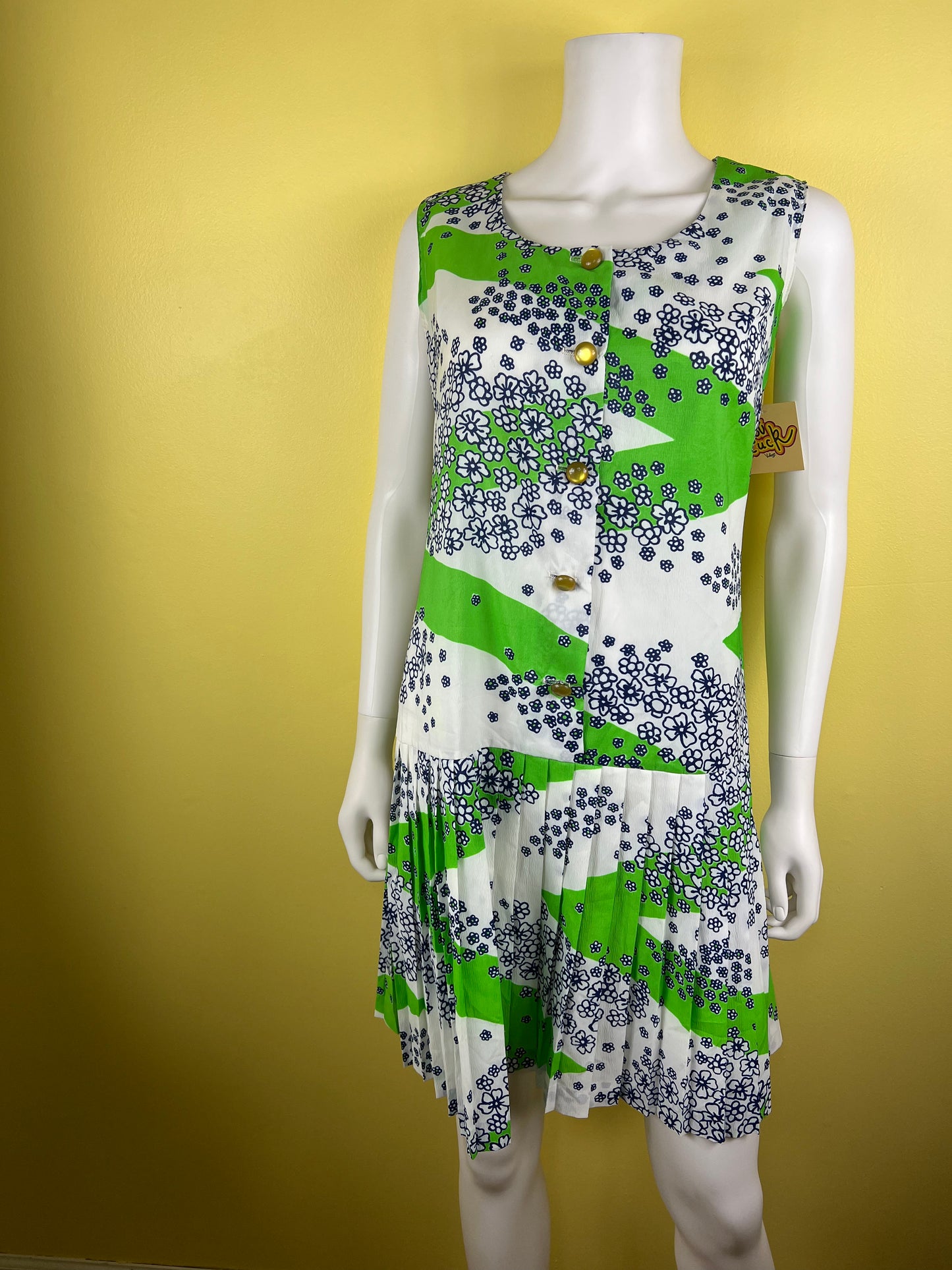 Handmade 1960s White, Green and Blue Floral Dress