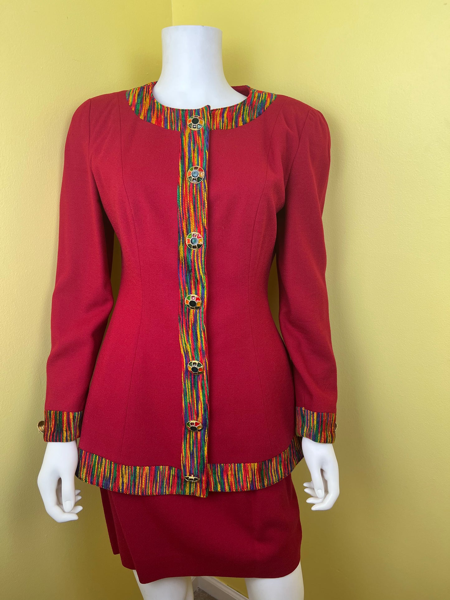 Red 80s/90s Power Skirt Suit with Rainbow Chenille Trim