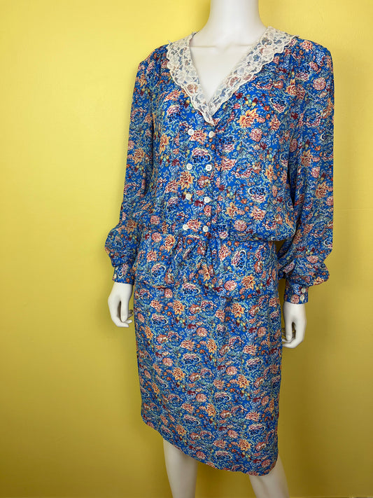 1990s Blue Floral and Lace Blouse & Skirt Set