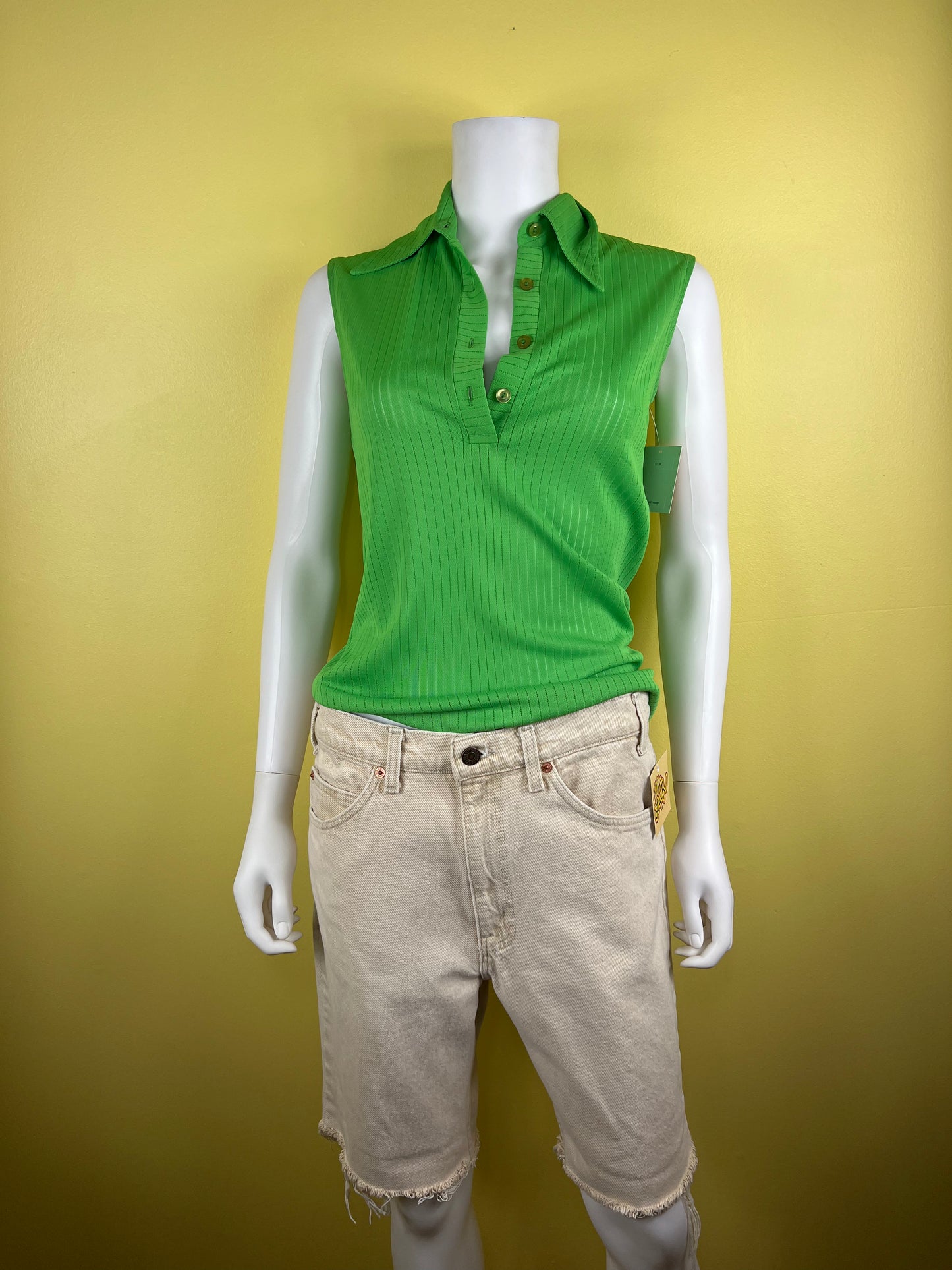 1970s Lime Green 60s Dagger Collar Sleeveless Shirt