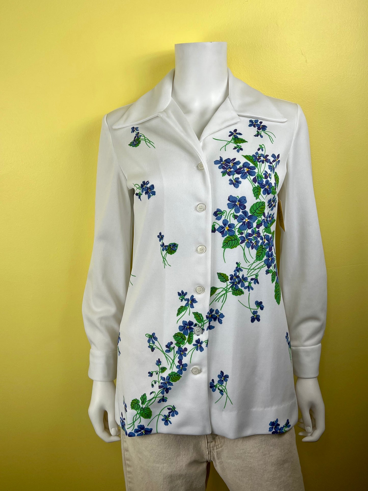 1970s White Button Up with Blue & Green Floral Print